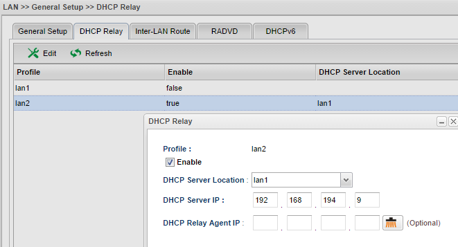 a screenshot of VIgor3900 DHCP Relay Setup
